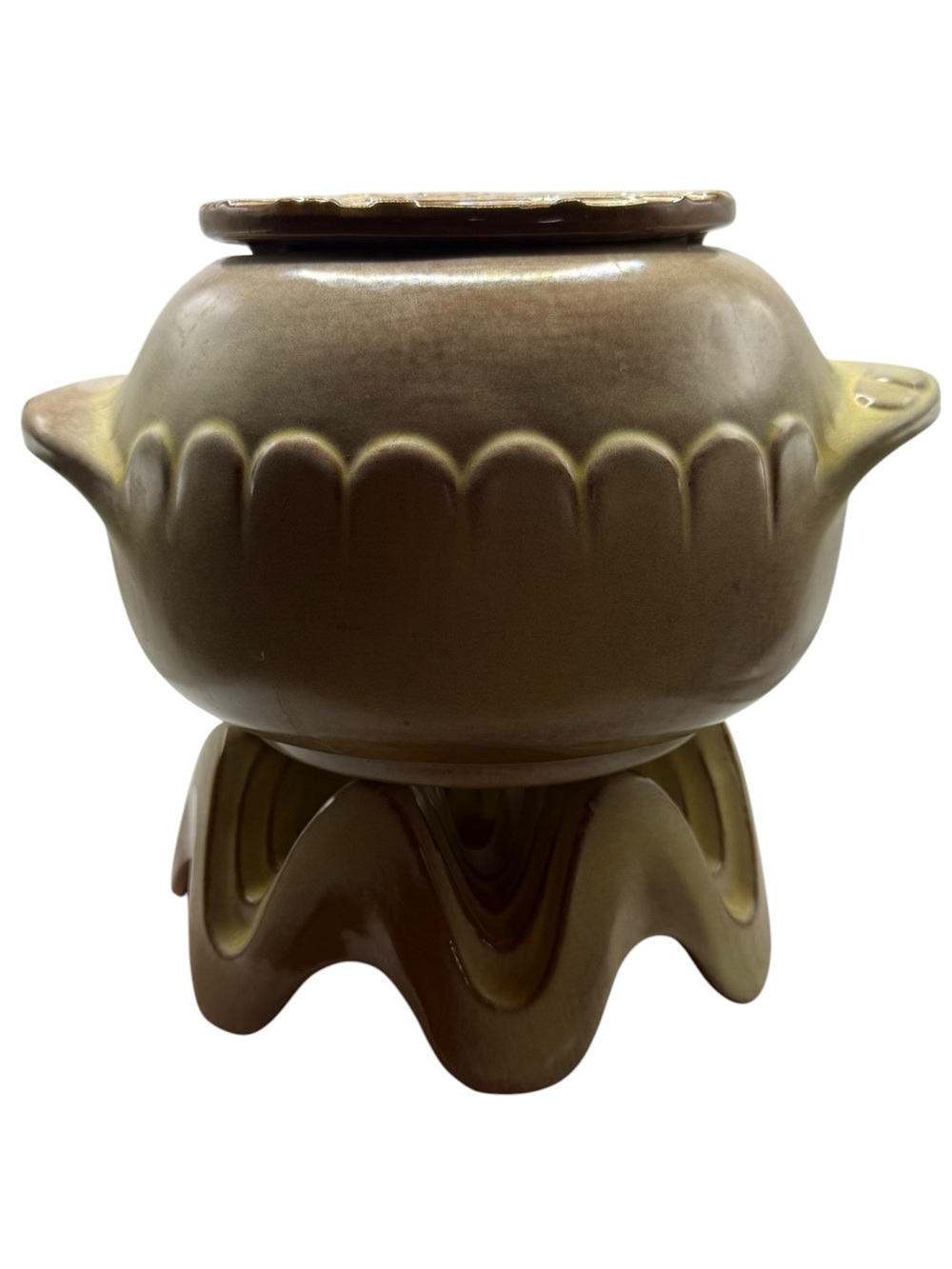 Vintage 1958 Frankoma Two-Piece Warming Bean Pot Ceramic  in Brown and Cream